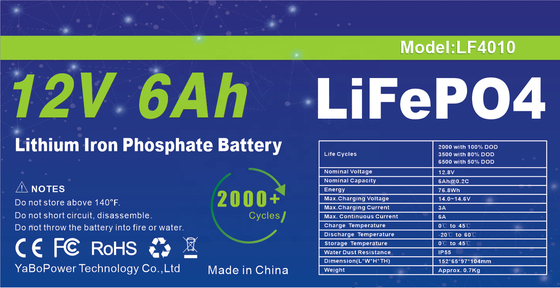 حزمة بطارية Smart BMS 12v 6ah Lifepo4 دورة عميقة 2000 دورة
